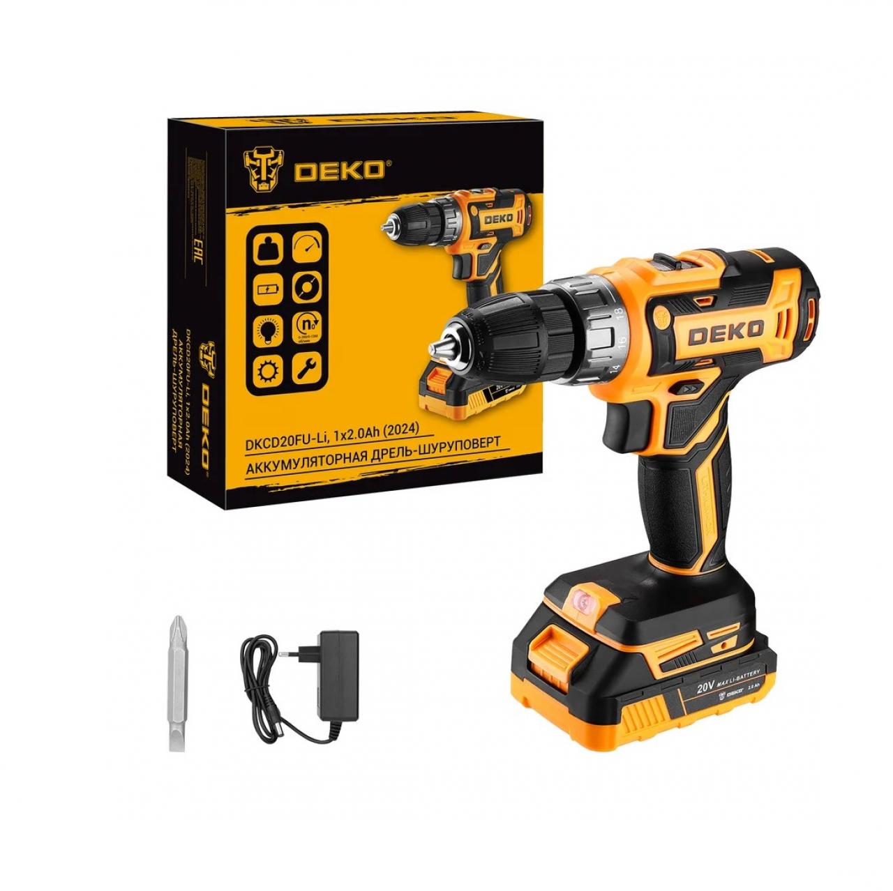 Дрель-шуруповерт аккумуляторная Deko DKCD20FU-Li, 20В, 1x2.0Ач (063-4149)