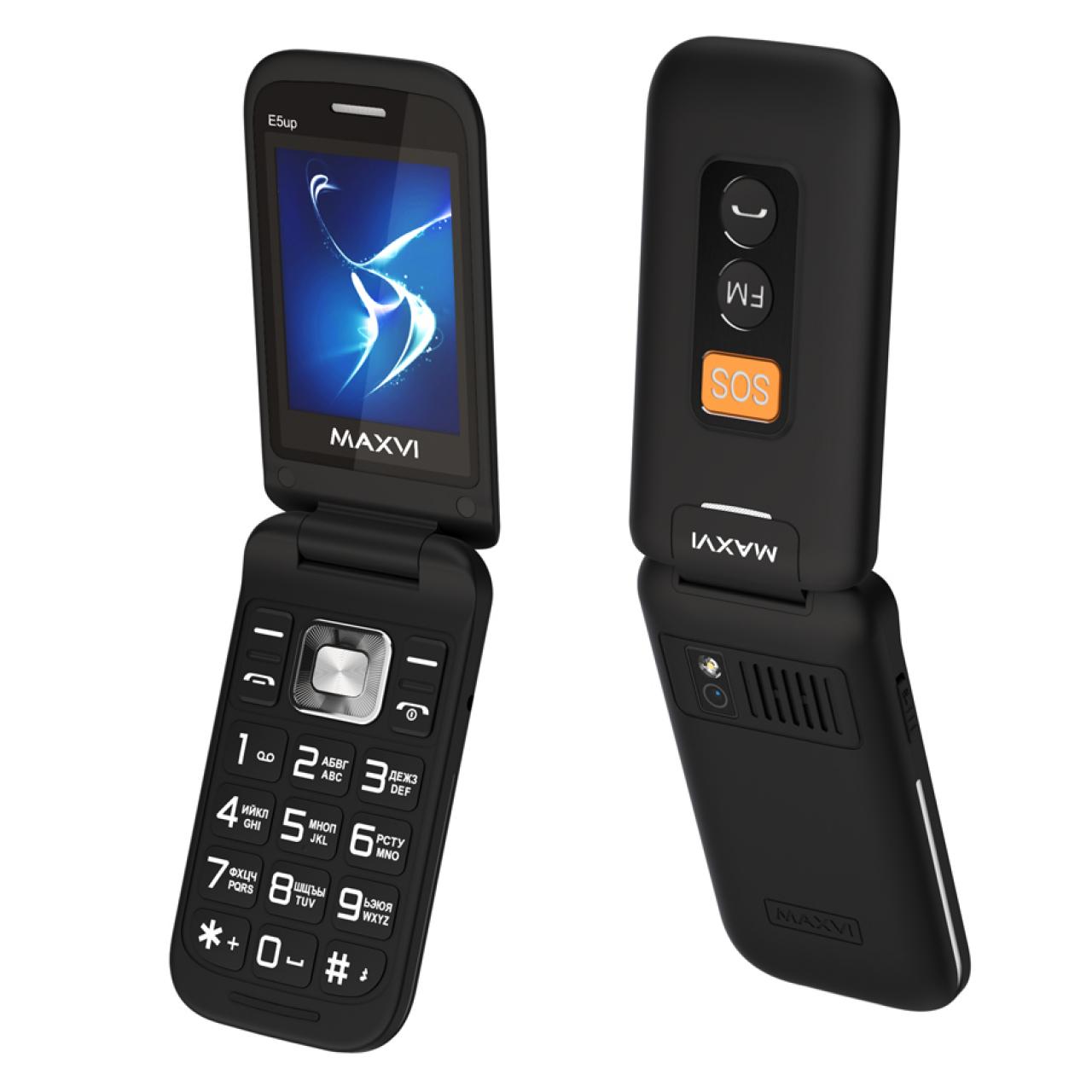 Телефон-раскладушка кнопочный Maxvi E5 up черный с док-станцией