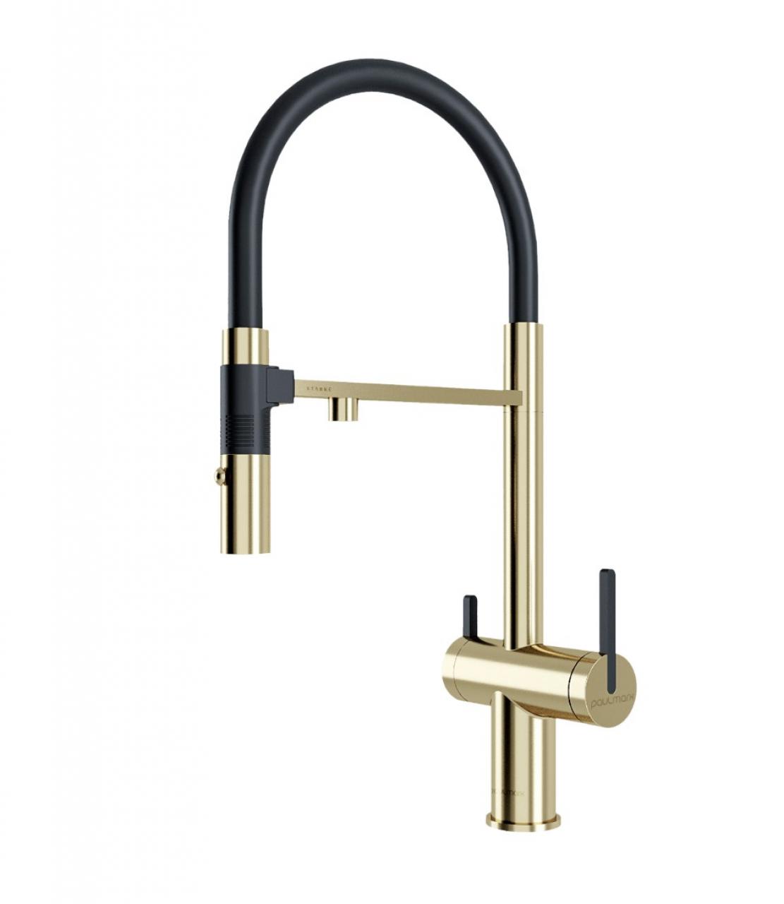 Смеситель кухонный Paulmark GRAVITY Gr213888-LG светлое золото черный шланг